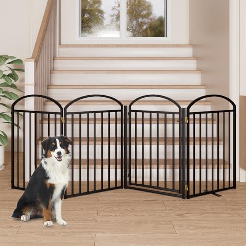 4 Panels Full Matel Freestanding Dog Gates with Door (【4 Panels with Door】96"W*32H" / Black)