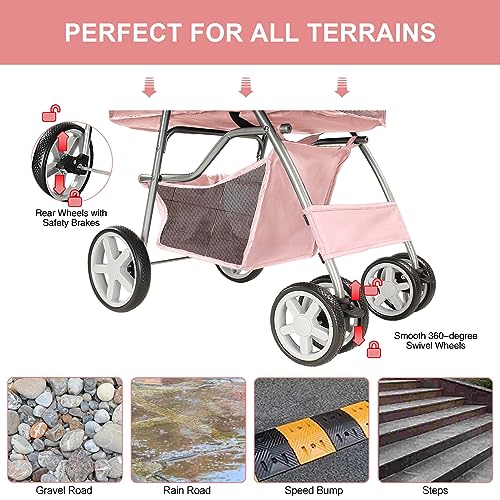 4 Wheel Pet Stroller for Small Dogs and Cats (Light Pink)