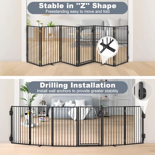 Metal Freestanding Dog Gates with Door for Outdoor Indoor (Black / 【6 Panels with Door】 24''H*120''W)