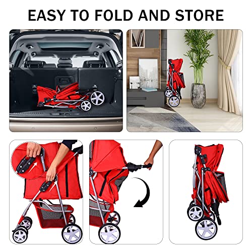 Pet Stroller 4 Wheels Multifunction Dog Cat Stroller (Red)