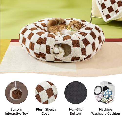 Lesure Donut Cute Jacquard Large Cat Tunnel Bed Kitten Toys for Dog Bunny (large (39.5"L x 39.5"W x 10"H) / Brown Checks)