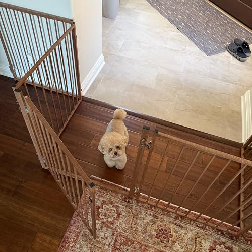 Freestanding Dog Gate with Door for Indoor & Outdoor (Brown / 【6 Panels with Door】156"W×30"H)