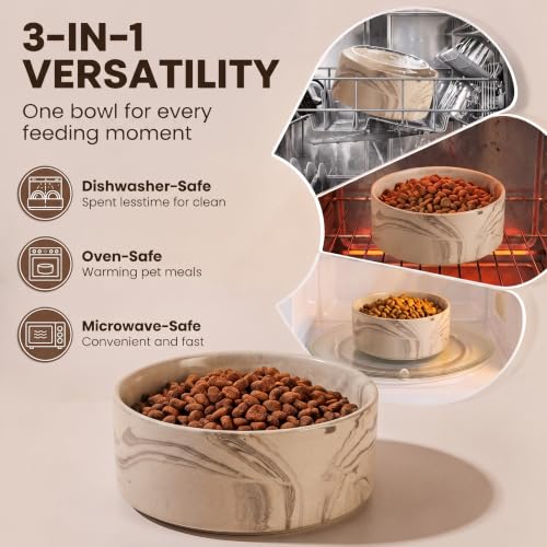 Elevated Ceramic Dog Bowl with Bamboo Stand (Marble Brown / 7.6Cup)