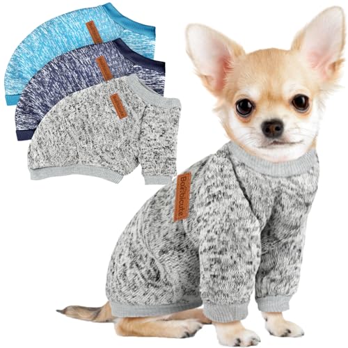 3 Pack Dog Sweaters for Small Dogs Girl Boy Winter Fleece Clothes Warm Soft Dog Sweatshirt Outfit for Dogs Cats Pet Apparel (Navy Blue+Grey+Light Blue / XS (Back: 9.8", Chest: 13.7", 3.5-5.5 lbs))