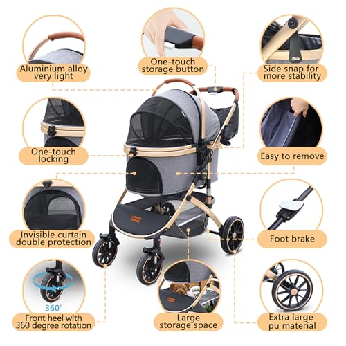 Dog Stroller with Removable Carrier Foldable Pet Stroller (gray)