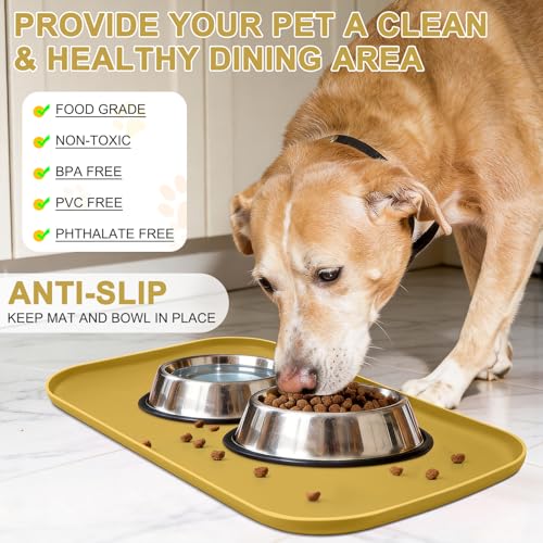 Waterproof Silicone Pet Food Mat with Raised Edge for Dog & Cat (Honey / 19"L x 12"W)