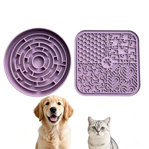 Dog Cat Lick Mat and Slow Feeder Bowl Set (Purple)