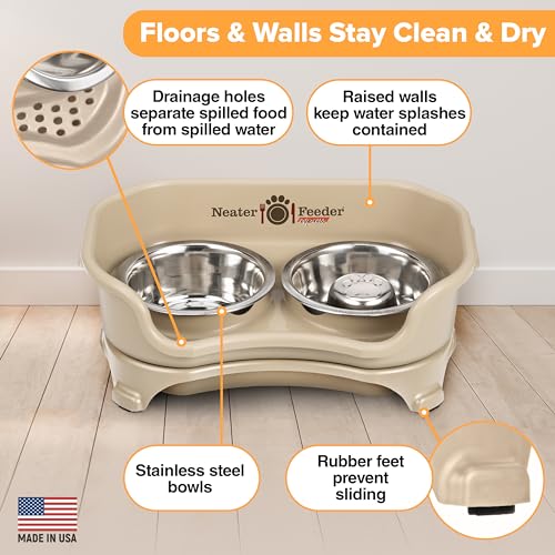 Express Mess Proof Dog Bowls Elevated for Small Breed (Small w/ Metal Slow Feed Bowl / Almond)