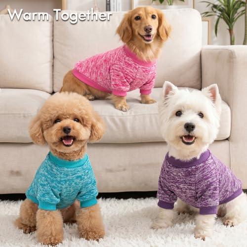 3 Pack Dog Sweaters for Small Dogs Girl Boy Winter Fleece Clothes Warm Soft Dog Sweatshirt Outfit for Dogs Cats Pet Apparel (Rose+Light Blue+Purple / M (Back: 13.7", Chest: 17.7", 10-14 lbs))