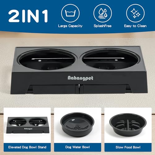 2-in-1 Elevated Slow Feeder Dog Bowls for Food and Water, 5 Heights Adjustable Raised Dog Bowls, Non-Slip, No Spill, for Small Medium Large Dogs and Cats(Grey) (Grey)