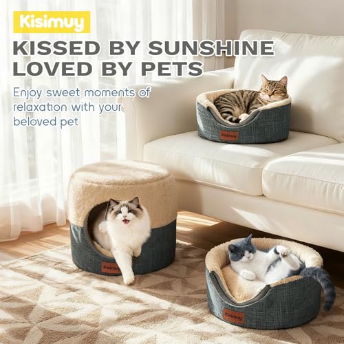 2 Pack 2-in-1 Cat Cave Bed, Cozy Covered Cat Beds for Indoor Cats (Grey)