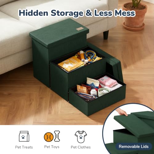 3 Step Wide Dog Stairs with Hidden Storage 18" H (Dark Green / 30"D x 17"W x 17.7"H)