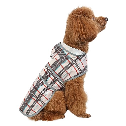 Dog Raincoat for Small Dogs Puppies Waterproof Jacket Hooded Rain Coats with Reflective Strips Leash Hole & Poncho Adjustable Fit (Khaki Plaid / Small)