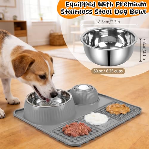 Slow Feeder Dog Bowl with Lick Mat & Interactive Rolling Ball (Light-Gray)