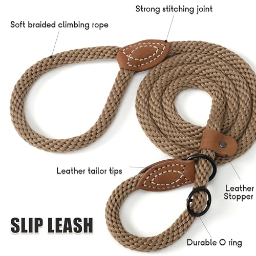 Heavy Duty Slip Lead No Pull Leash w Leather (Brown / 4 Feet)