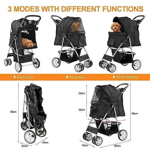 4 Wheel Pet Stroller for Small Dogs and Cats (Pure Black)