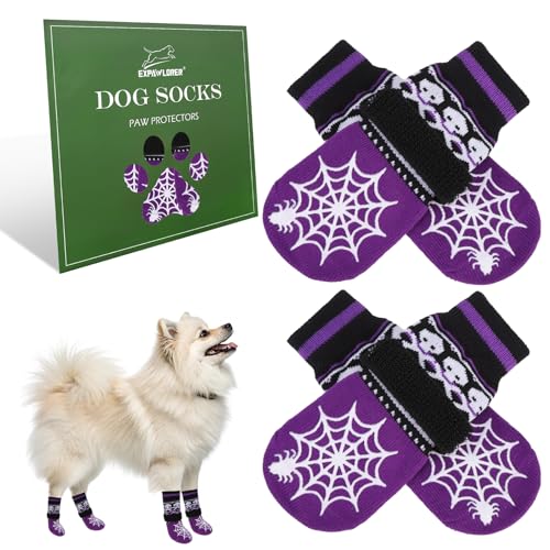 Halloween Anti Slip Dog Socks to Prevent Licking Paws (Small (4 Count) / Halloween Purple)