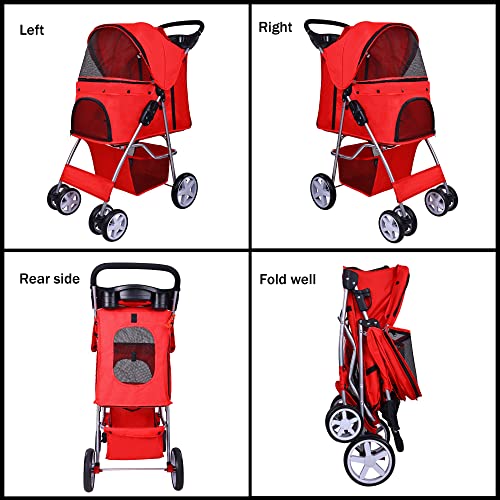 Pet Stroller 4 Wheels Multifunction Dog Cat Stroller (Red)