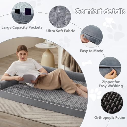 Orthopedic Washable Human Dog Bed for Adult & Dog Cozy Sleep (71"l x 46"w x 7"th / Grey)