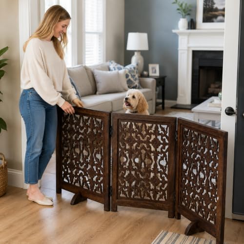 Foldable Wooden Dog Gate (Burnt / 54x22.5" 3 Panel Flower)
