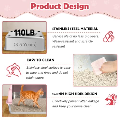 XL Stainless Steel Cat Litter Box with Lid (Pink)