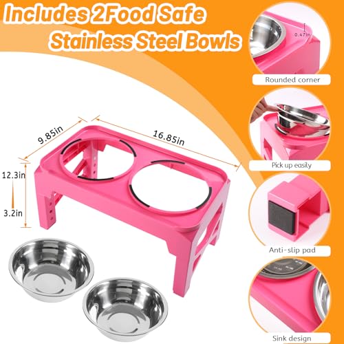 Elevated Dog Bowls with 2 Stainless Steel Food & Water Raised Bowls with No Spill Edge Non (M (8" for M/L Dogs) / Pink)