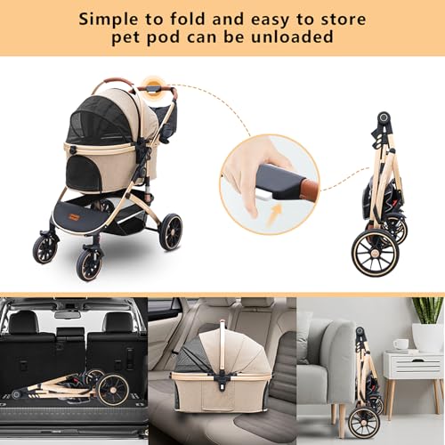 Dog Stroller with Removable Carrier Foldable Pet Stroller (Khaki)