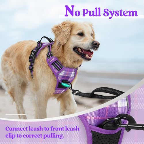 Dog Harness No Pull for Large Dogs with 2 Leash Clips (Large / Purple Plaid)