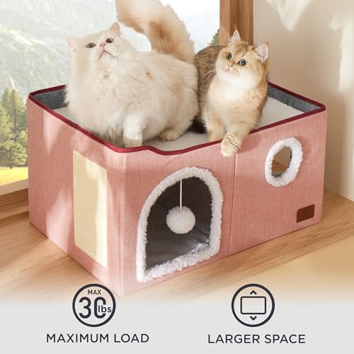 Extra Wide Cat House Bed with Fluffy Ball and Scratch Pad (Pink / Widen)