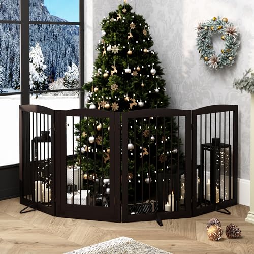 Freestanding Dog Gates with Door Walk Through (4 Panel 32" / Dark Brown)