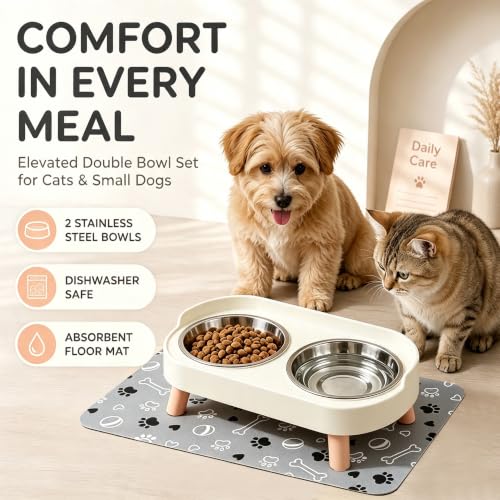Elevated Dog Bowls with Mat (White)