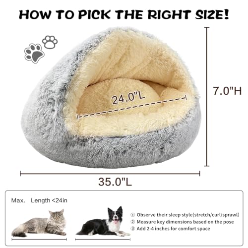 Round Plush Fluffy Hooded Cat Bed Cave (35.0"L x 35.0"W x7.0"Th / grey)