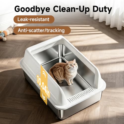 High Sided Stainless Steel XL Cat Litter Box for Cats (White XL)