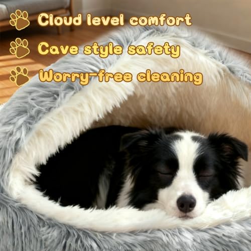 Round Plush Fluffy Hooded Cat Bed Cave (30.0"L x 30.0"W x 6.5"Th / grey)