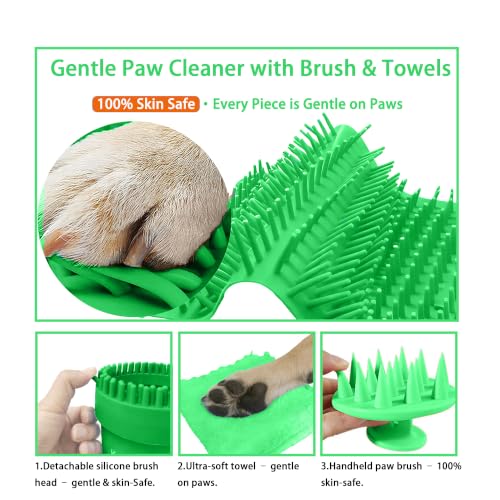 Dog Paw Cleaner Cup with Detachable Top Brush for Small (Medium(3Towels&Brush) / Green)