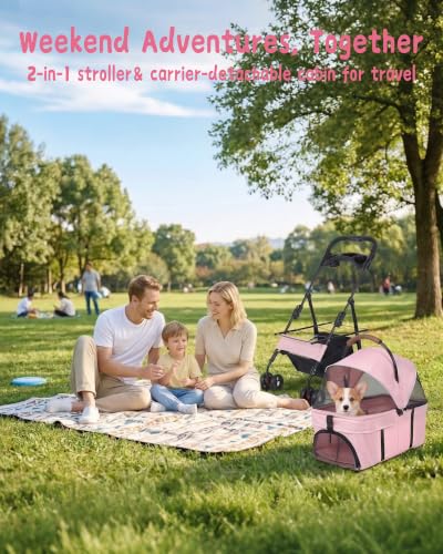 Pet Stroller 3 in1 Foldable Dog Cat Stroller with Detachable Carrier (PINK)