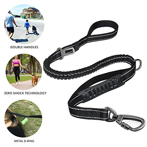 Heavy Duty Bungee Dog Leash with Locking Carabiner for Large Dogs (Black)