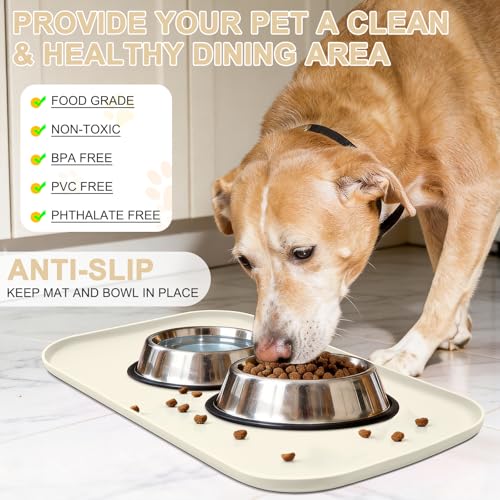 Waterproof Silicone Pet Food Mat with Raised Edge for Dog & Cat (White Sand / 22"L x 14"W)