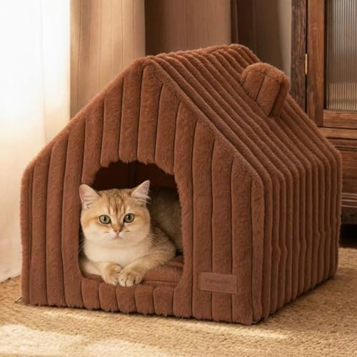 Cat Bed Cave Enclosed Washable Covered Dog Bed with Support Frame (Brown / 17 Inch (Cats up to 15 lbs, Dogs up to 10 lbs))