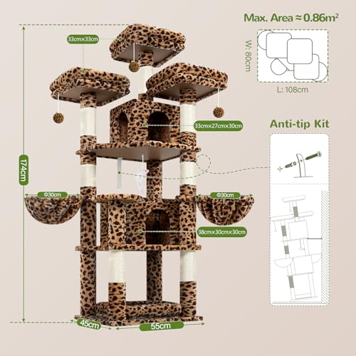 Big XL Cat Tower for Indoor Multiple Cats (Leopard Print / 68 inch)