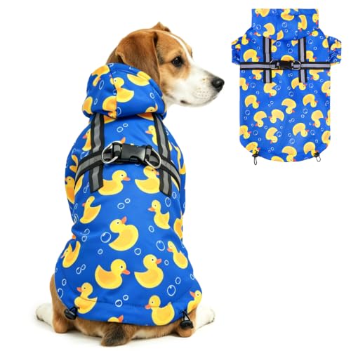Dog Raincoat with Hood & Harness Built (M (Back 15", Chest 22.5", Neck 16") / Blue)