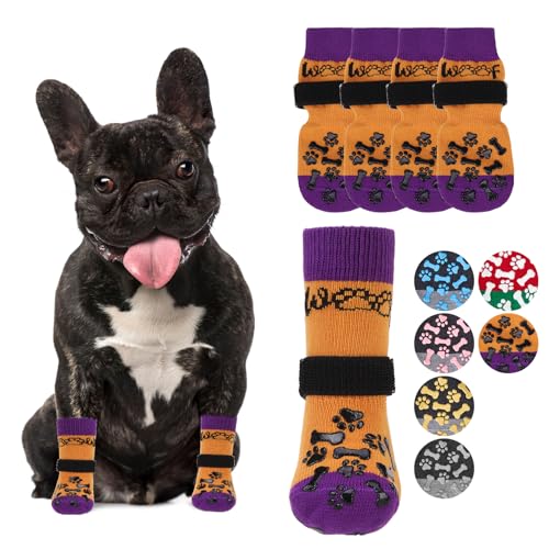 Anti Slip Halloween Dog Socks to Prevent Licking Paws (Orange&purple With Woof / Medium (4 Pack))