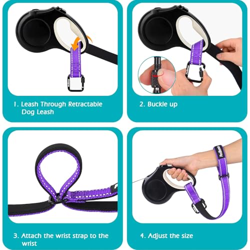 Dog Leash Wrist Strap with Lockable Clip for Dog Retractable Leash (Purple / 1 Pack)