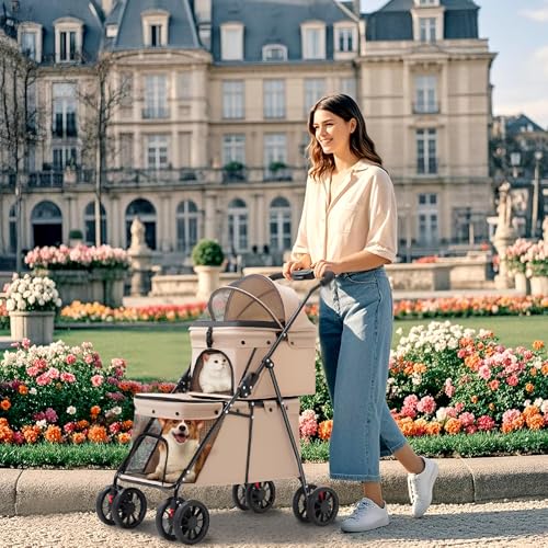Double Pet Stroller for Medium Small Dogs and Cats Easy (Brown)