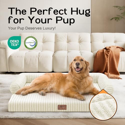 Orthopedic XL Dog Bed with Bolster for Extra Large Size Dogs (42.0"L x 30.0"W x 8.0"Th / Beige White Stripe)