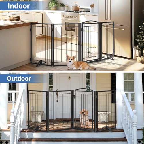 Full Metal Freestanding Dog Gate with Cat Door for Indoor & Outdoor (Black / 【4 Panels with Door】80"W×32"H)