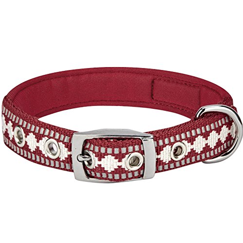 Reflective Jacquard Dog Collar with Neoprene Padding & Metal Buckle (Small / Metal Buckle-Marsala Red)
