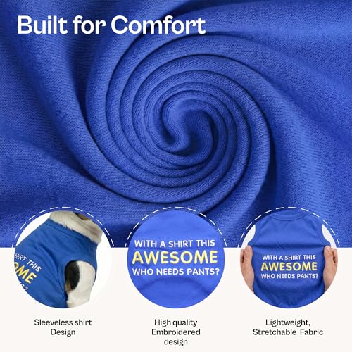 Dog T-Shirt - Embroidered “ Awesome “ Dog Shirt - Pure Cotton and Lightweight Pet Clothes - Blue Sleeveless Pet Tee Shirts - Cute Puppy Clothes - Shirts for Small Dogs Boy - XS (XS)