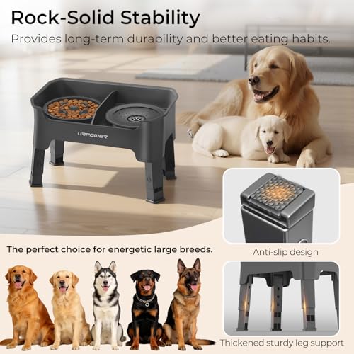 Mess Proof Elevated Dog Bowls 4 Height Adjustable Raised Stand (Grey / Large)