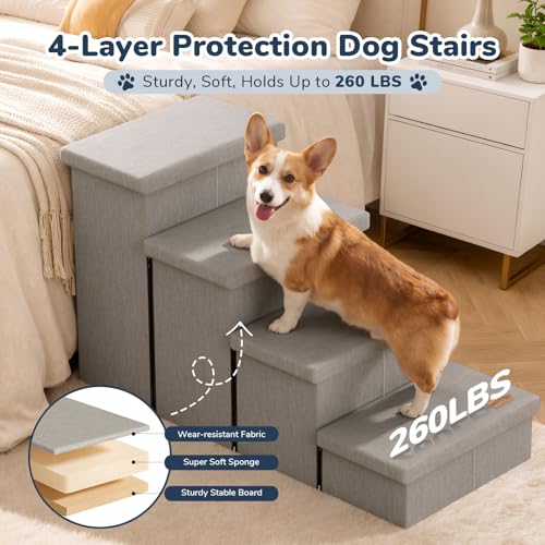 4 Step Wide Dog Stairs with Storage 23" H (Light Grey / 40"D x 17"W x 23"H)